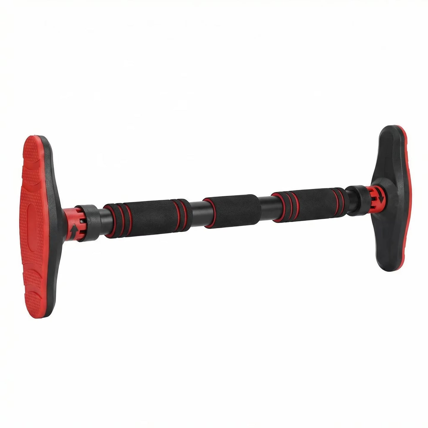 Adjustable doorway pull-up bar with padded black and red grip