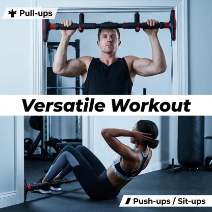 Doorway pull-up bar shown in place across a door frame