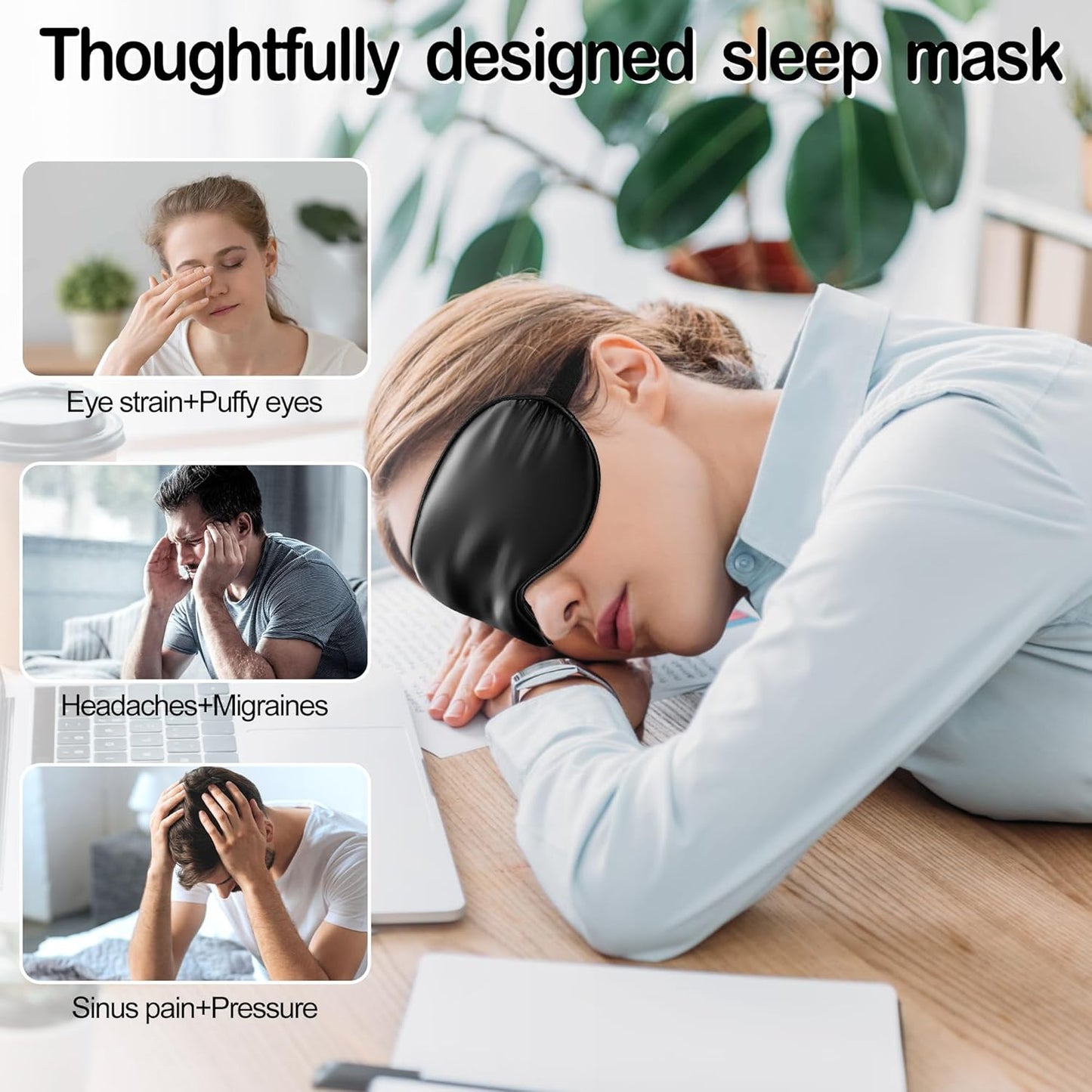 Sleep Mask Silk Eye Mask for Sleeping, Eye Cover Soft Satin Blindfold Adjustable Strap, Satin Blackout for Men & Women, Super Soft Eyeshade for Night Sleeping (Black)