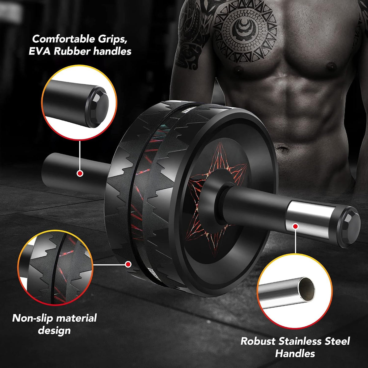 Ab roller wheel shown with thick foam knee pad