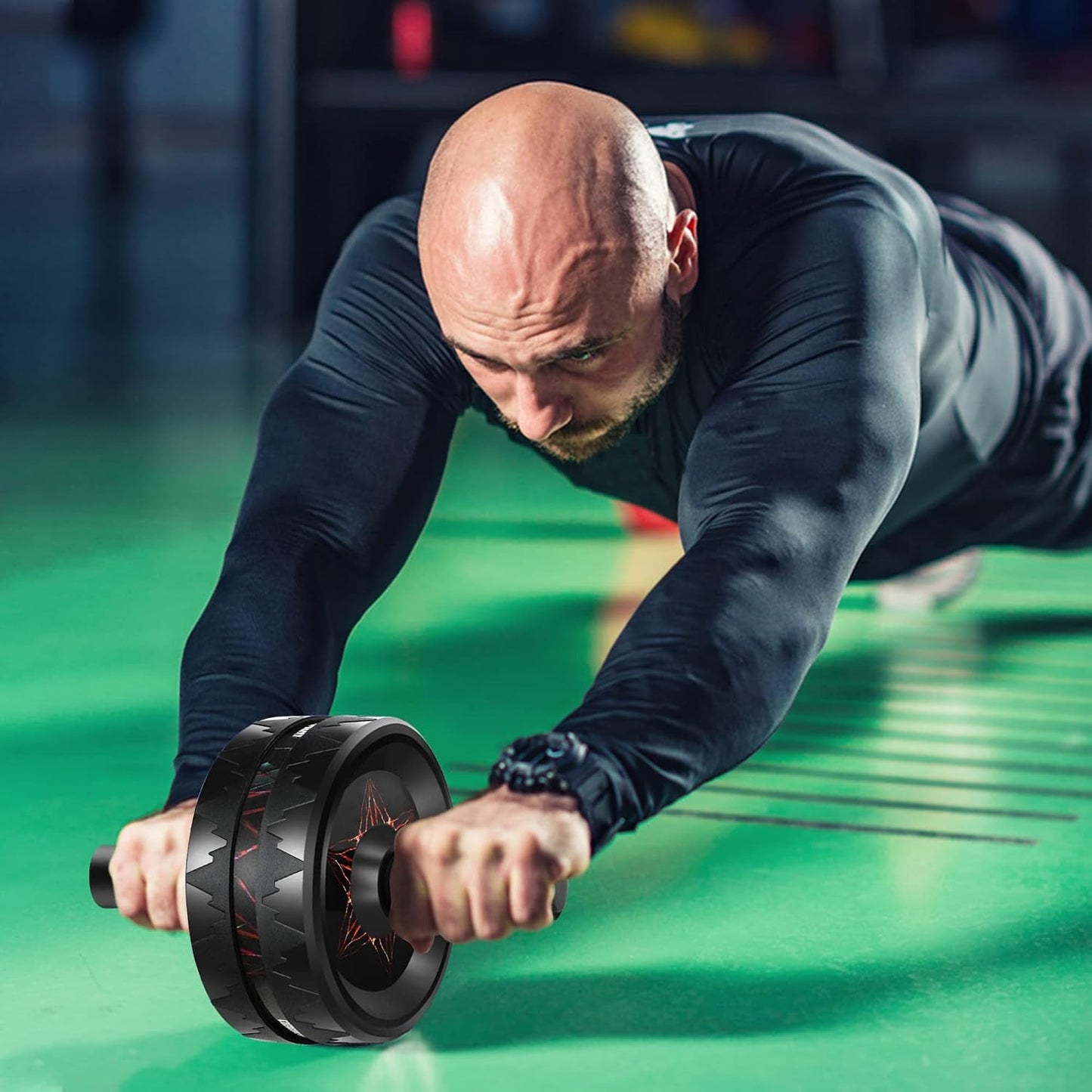 Ab roller wheel shown at rest on a workout mat