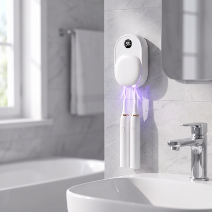 UV toothbrush sanitizer mounted on a bathroom wall above the sink
