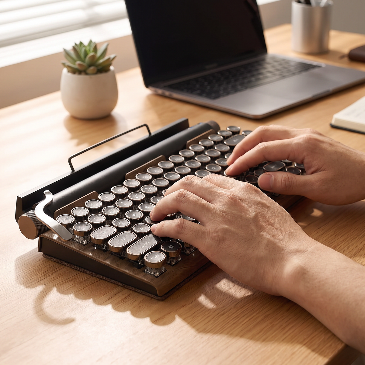 Retro typewriter mechanical keyboard being typed on at a home desk
