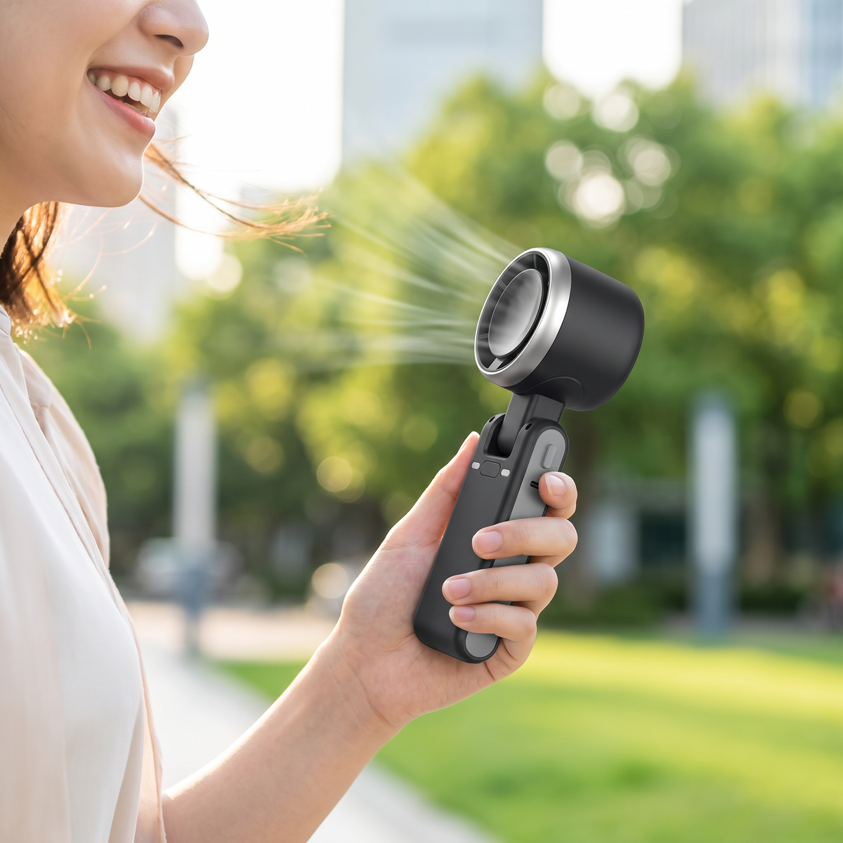 Handheld rechargeable turbo fan being used outdoors on a hot day