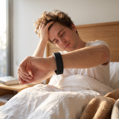 Silent vibrating alarm wristband being worn in bed during a morning wake-up