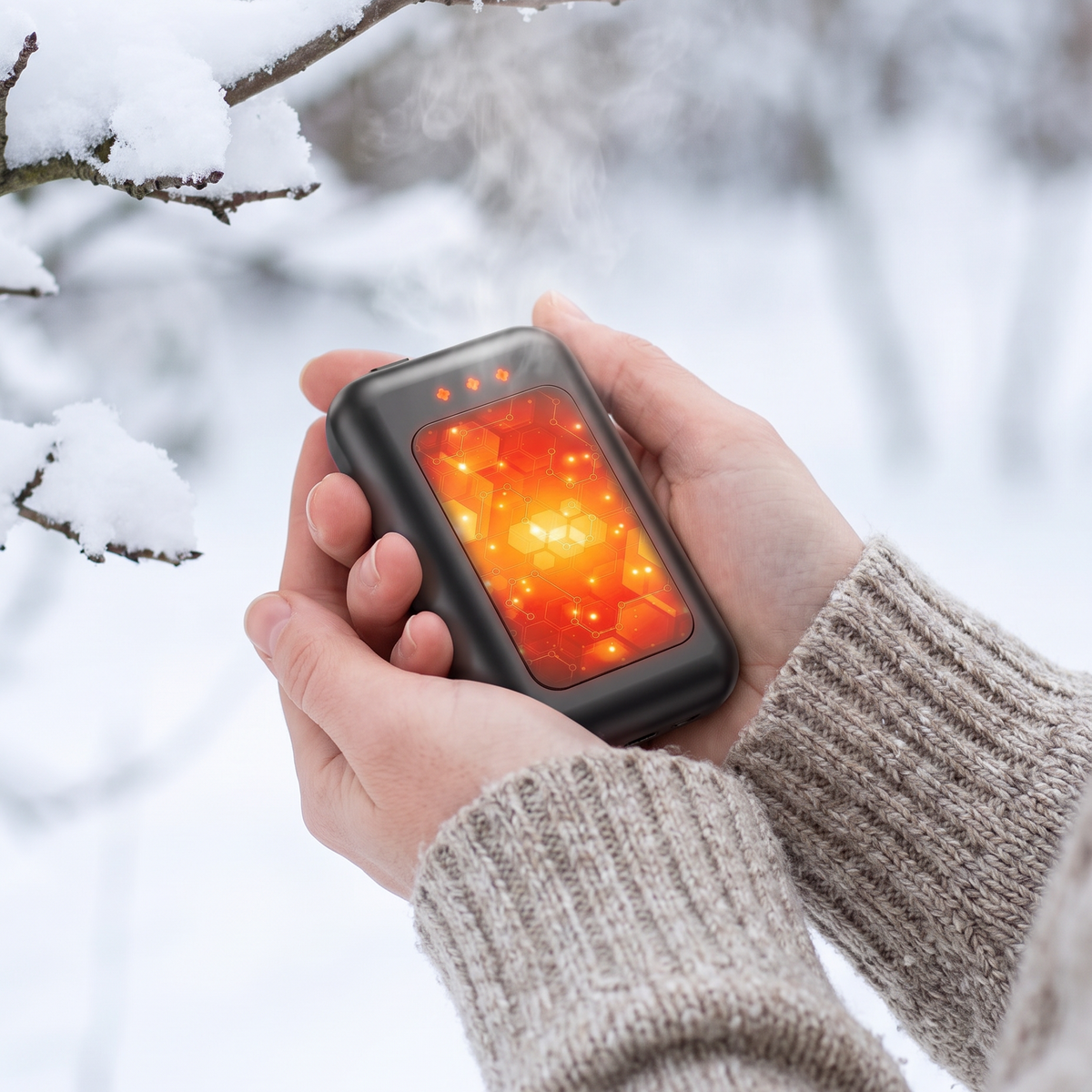 Veraen rechargeable electric hand warmer held outdoors in cold weather