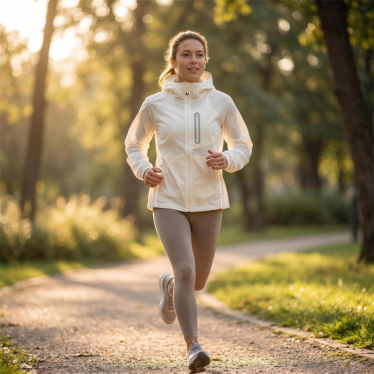 Runner wearing a UPF50+ hooded sun protection jacket outdoors