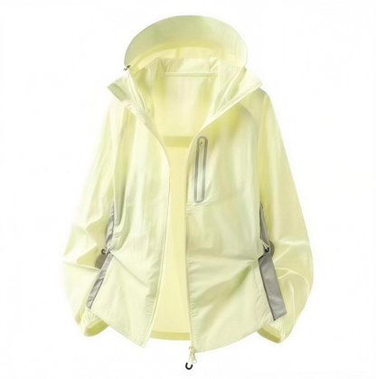 Color Block UPF50+ Hooded Sunscreen Jacket Outdoor Cycling Running Nylon Quick Dry Rear Air Vent Reflective Zipper Details