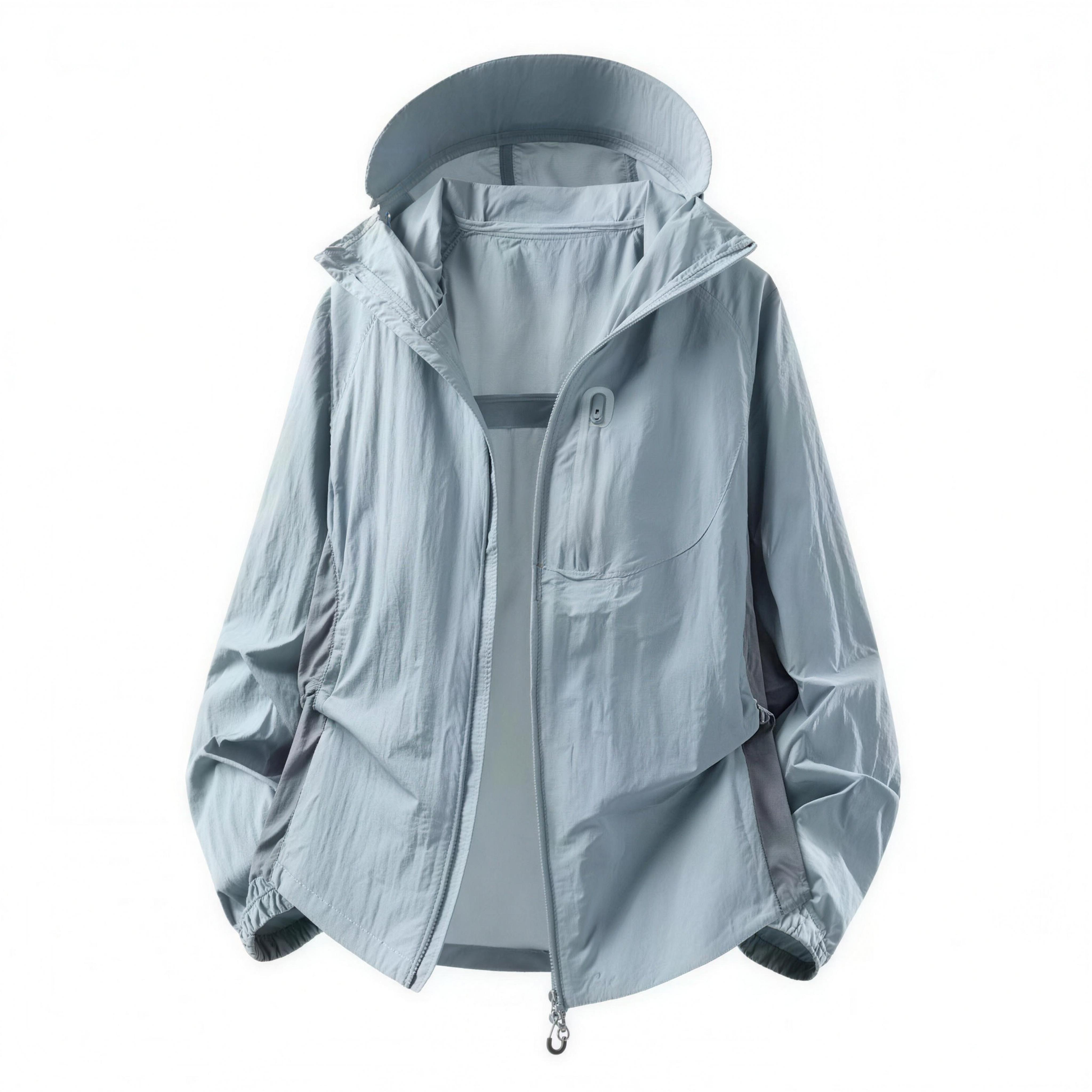 Color Block UPF50+ Hooded Sunscreen Jacket Outdoor Cycling Running Nylon Quick Dry Rear Air Vent Reflective Zipper Details