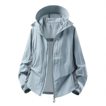 Color Block UPF50+ Hooded Sunscreen Jacket Outdoor Cycling Running Nylon Quick Dry Rear Air Vent Reflective Zipper Details
