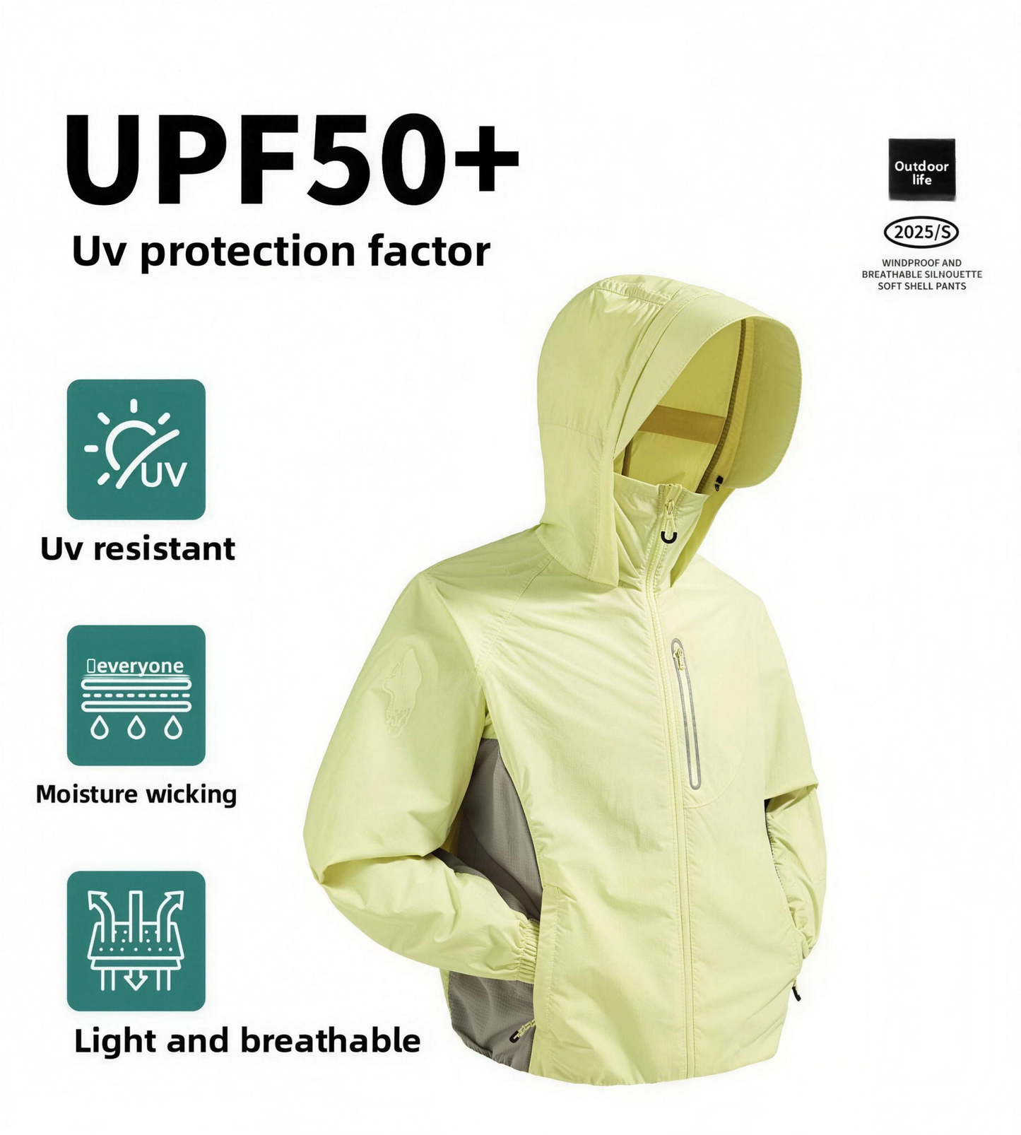 Color Block UPF50+ Hooded Sunscreen Jacket Outdoor Cycling Running Nylon Quick Dry Rear Air Vent Reflective Zipper Details