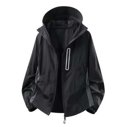 Color Block UPF50+ Hooded Sunscreen Jacket Outdoor Cycling Running Nylon Quick Dry Rear Air Vent Reflective Zipper Details