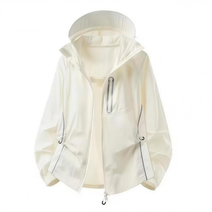 Color Block UPF50+ Hooded Sunscreen Jacket Outdoor Cycling Running Nylon Quick Dry Rear Air Vent Reflective Zipper Details