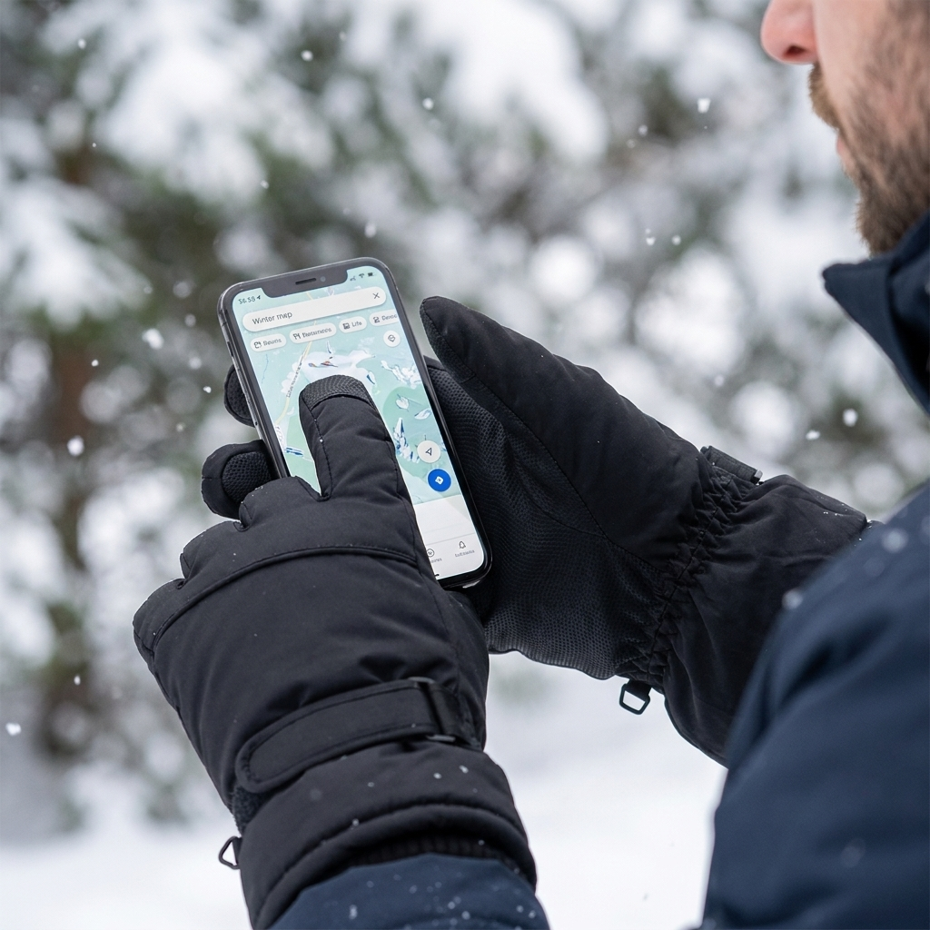 Man wearing black touch screen winter gloves using a smartphone outdoors in the snow