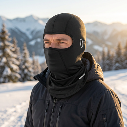 Person wearing a black winter balaclava ski mask outdoors in the snow