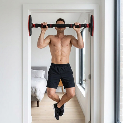 Person performing a pull-up using an adjustable doorway pull-up bar at home