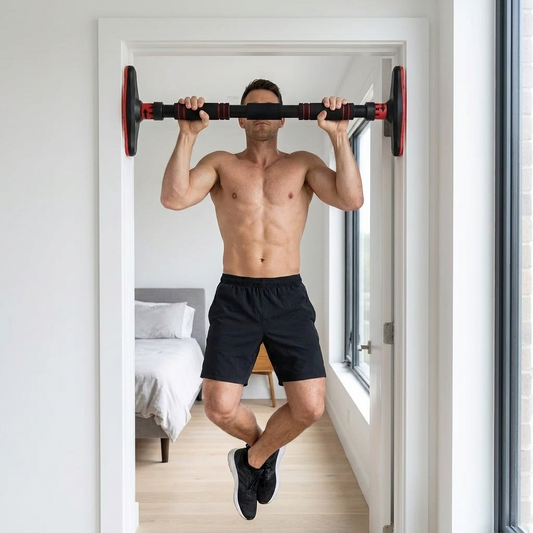 Person performing a pull-up using an adjustable doorway pull-up bar at home