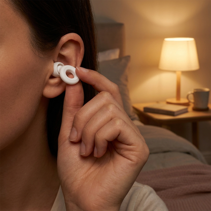 Silicone noise reducing ear plug being inserted before sleep