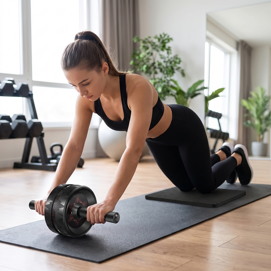 Woman doing an ab roller wheel workout on a yoga mat at home